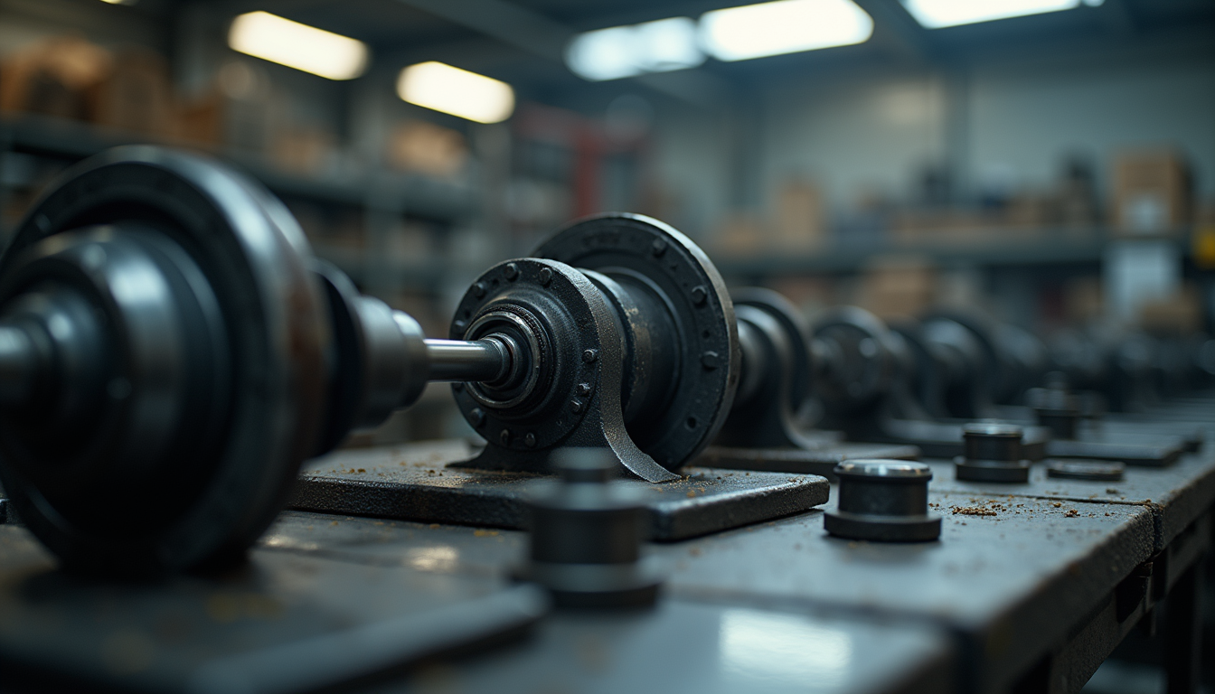 Close-up view of heavy machinery parts on a workbench